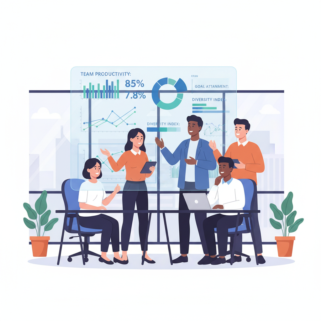 Visualizando o progresso: Líderes de RH e equipes analisando dados para otimizar a performance.