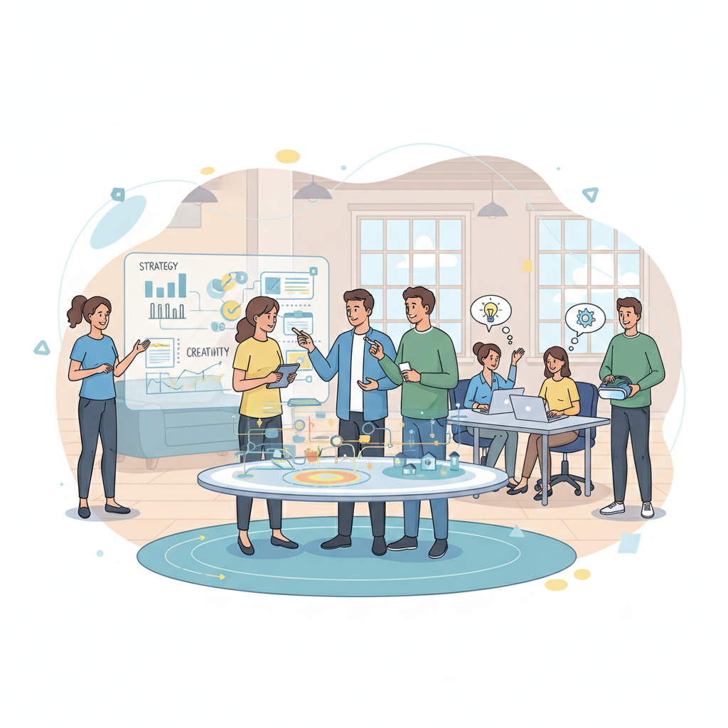 Colaboradores engajados em um workshop interativo, participando ativamente e trocando ideias sobre inovação e desenvolvimento.