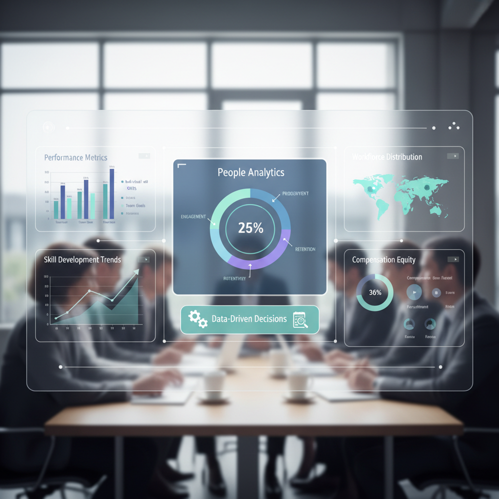 Dashboard digital exibindo gráficos de people analytics, destacando indicadores de desempenho e tendências de adaptação nas equipes.