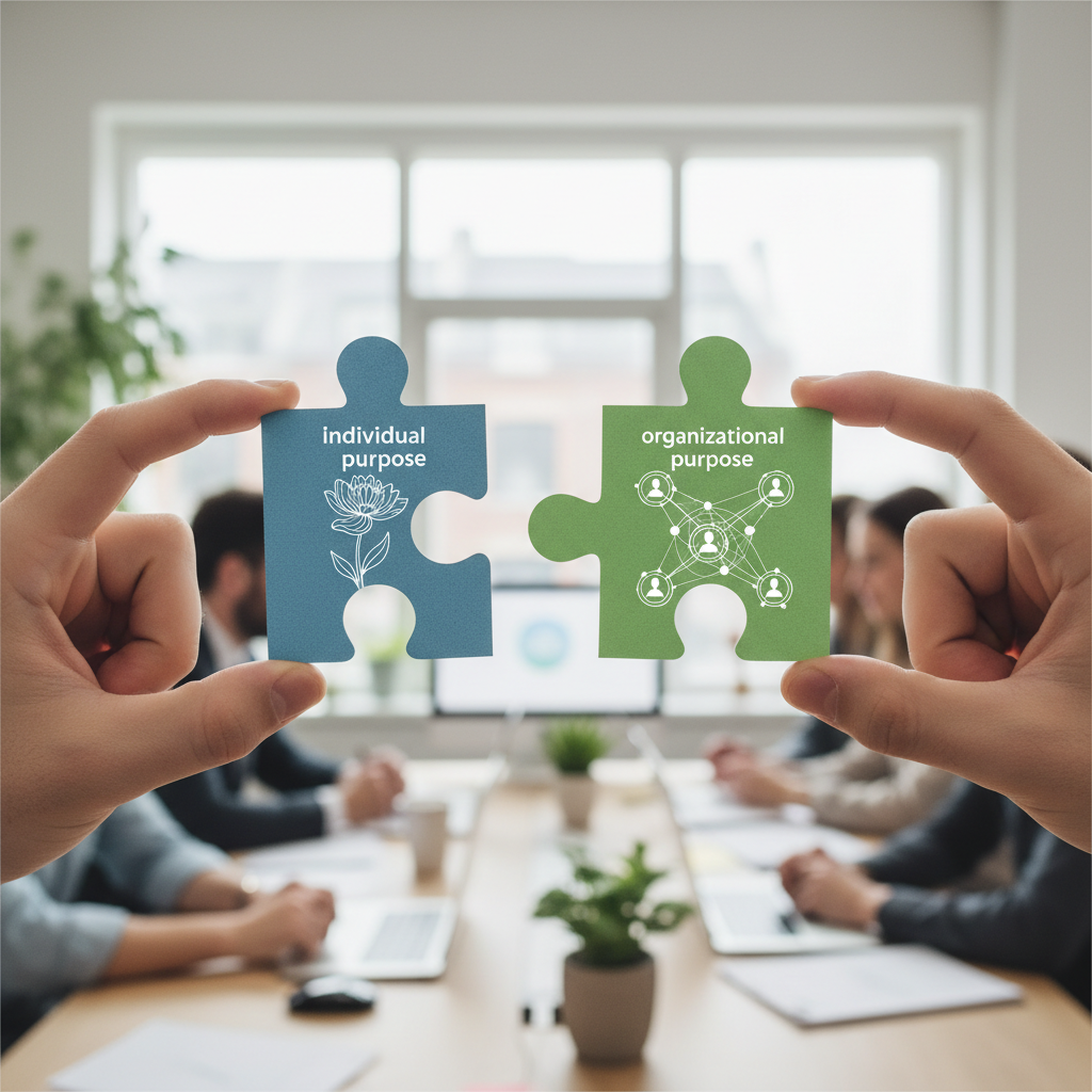 Mãos segurando peças de um quebra-cabeça, simbolizando o encaixe entre o propósito individual e o organizacional, cruciais para a harmonia e o sucesso de uma equipe.