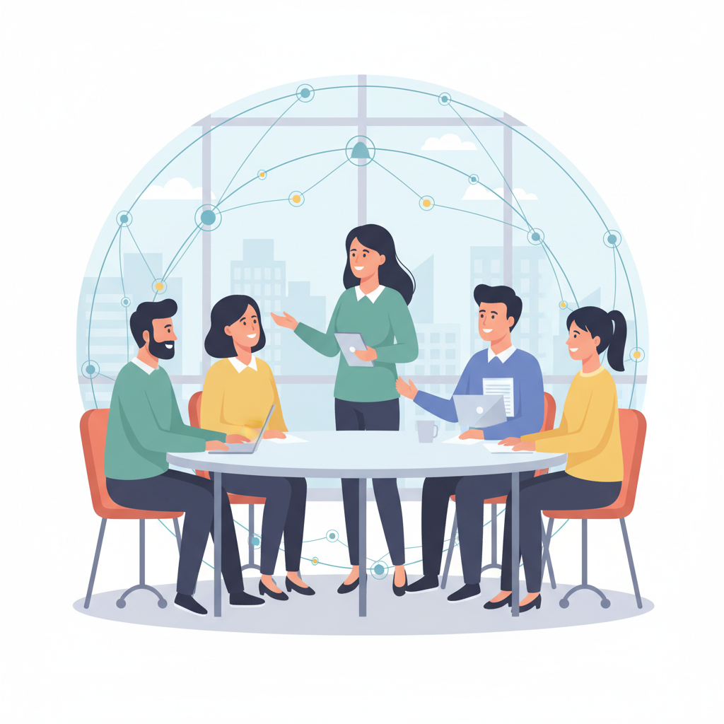 Uma equipe de trabalho em colaboração, com um profissional de RH facilitando a comunicação e o apoio mútuo, refletindo a importância do bem-estar e da saúde mental pós-crise.