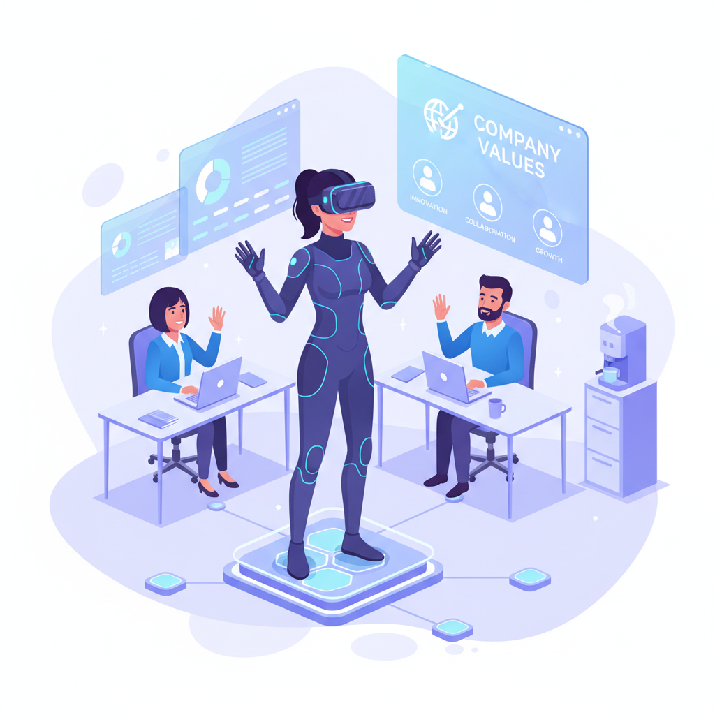Colaborador utilizando óculos de realidade virtual para experiência de onboarding imersiva no Metaverso, explorando um ambiente de escritório virtual.