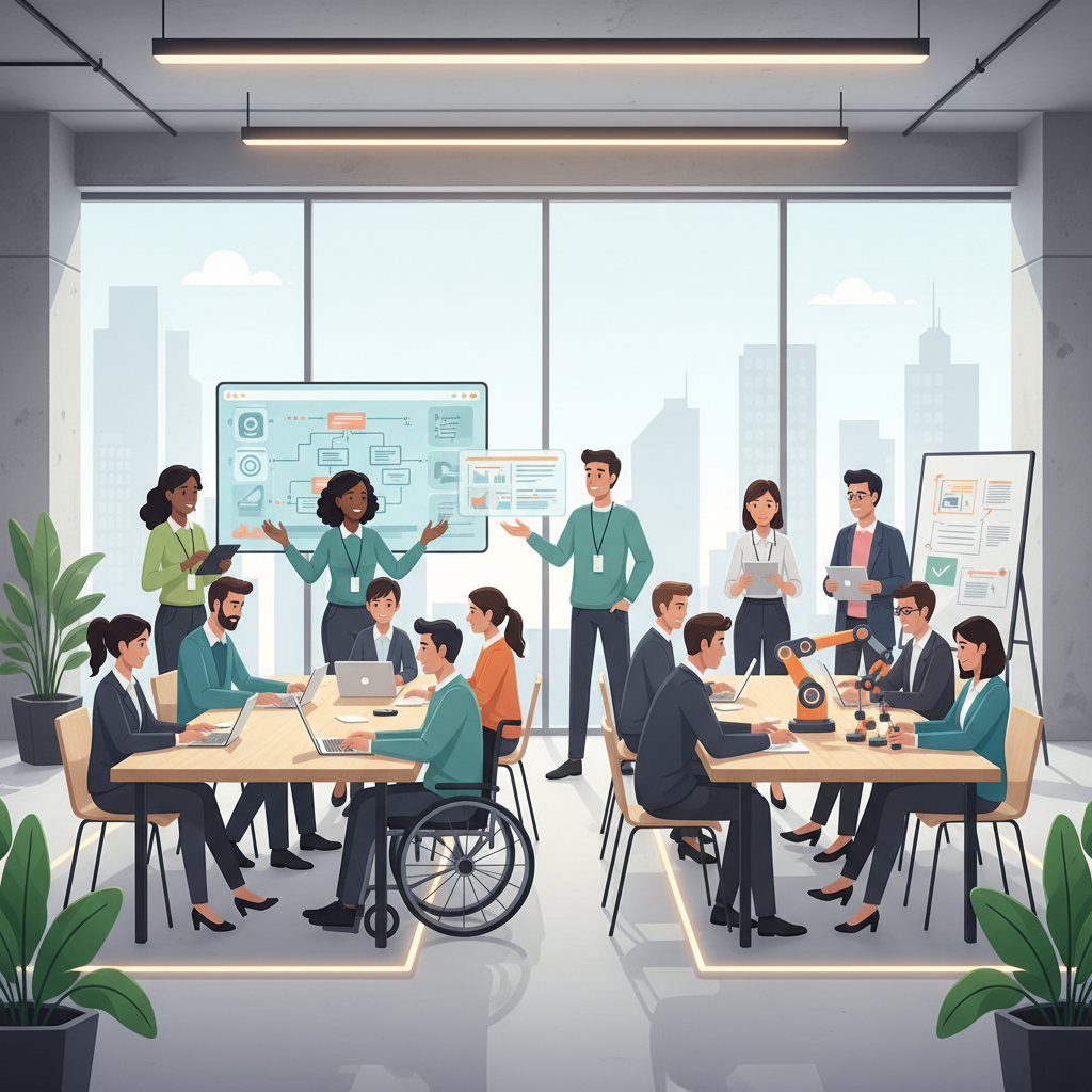 Pessoas diversas em um workshop interativo, colaborando e aprendendo novas habilidades em um ambiente moderno de treinamento.