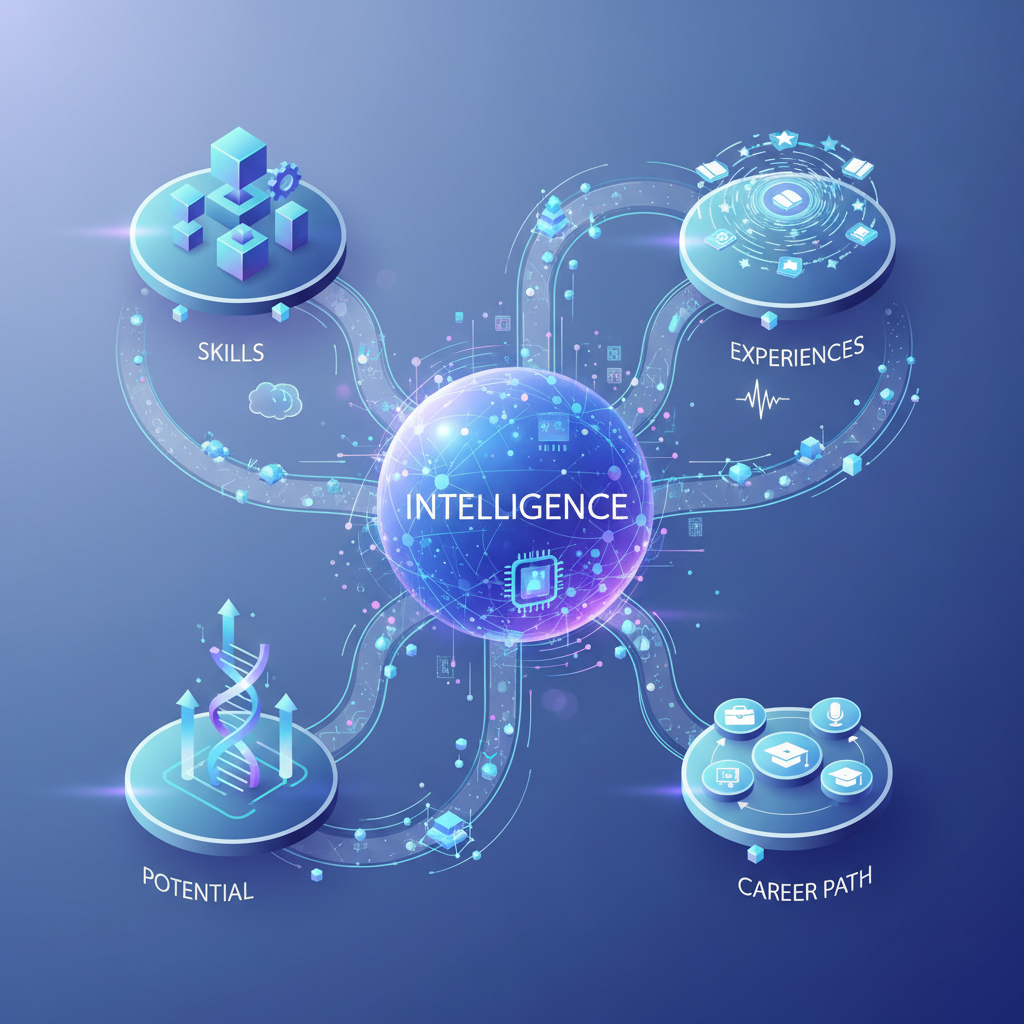 Fluxo de dados e inteligência artificial interconectando aspectos da jornada de carreira de um profissional, ilustrando o mapeamento de habilidades e potenciais.