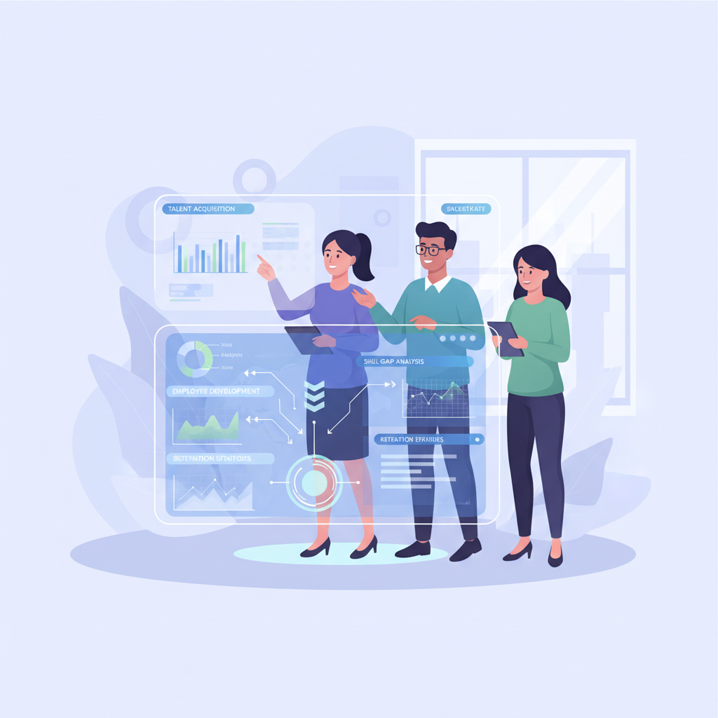 Equipe de RH analisando dados de talentos em um painel digital, enfatizando decisões estratégicas.