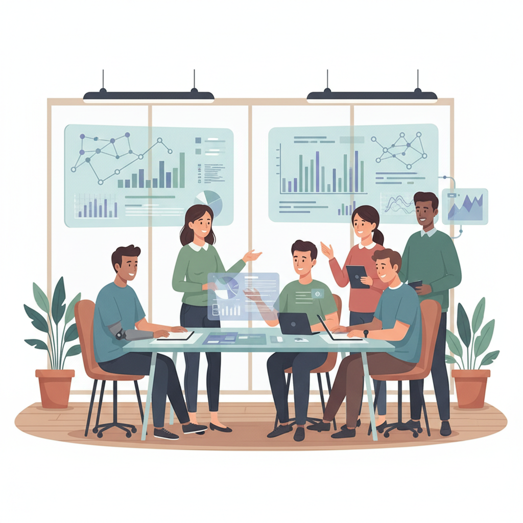 Equipe diversa colaborando harmoniosamente em um escritório moderno, demonstrando boa regulação emocional em meio a um projeto desafiador, com visualização de dados ao fundo.