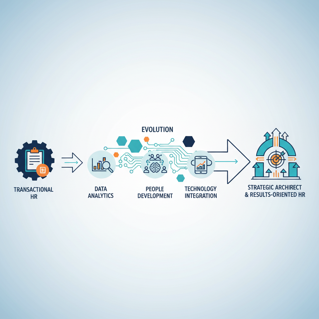 Infográfico ilustrando a evolução do RH de um papel operacional para um arquiteto estratégico, focado em dados, tecnologia e desenvolvimento de pessoas.