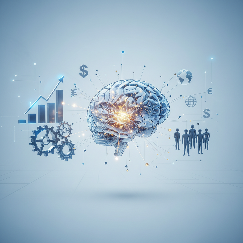 O cérebro humano com redes neurais brilhantes, conectado a ícones de negócios, simbolizando a integração da neurociência na tomada de decisões corporativas.