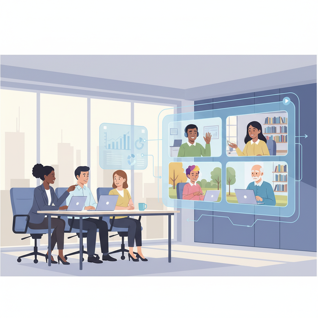 Pessoas participando de uma reunião híbrida, com algumas fisicamente presentes e outras conectadas virtualmente, simbolizando a integração de diferentes modelos de trabalho.
