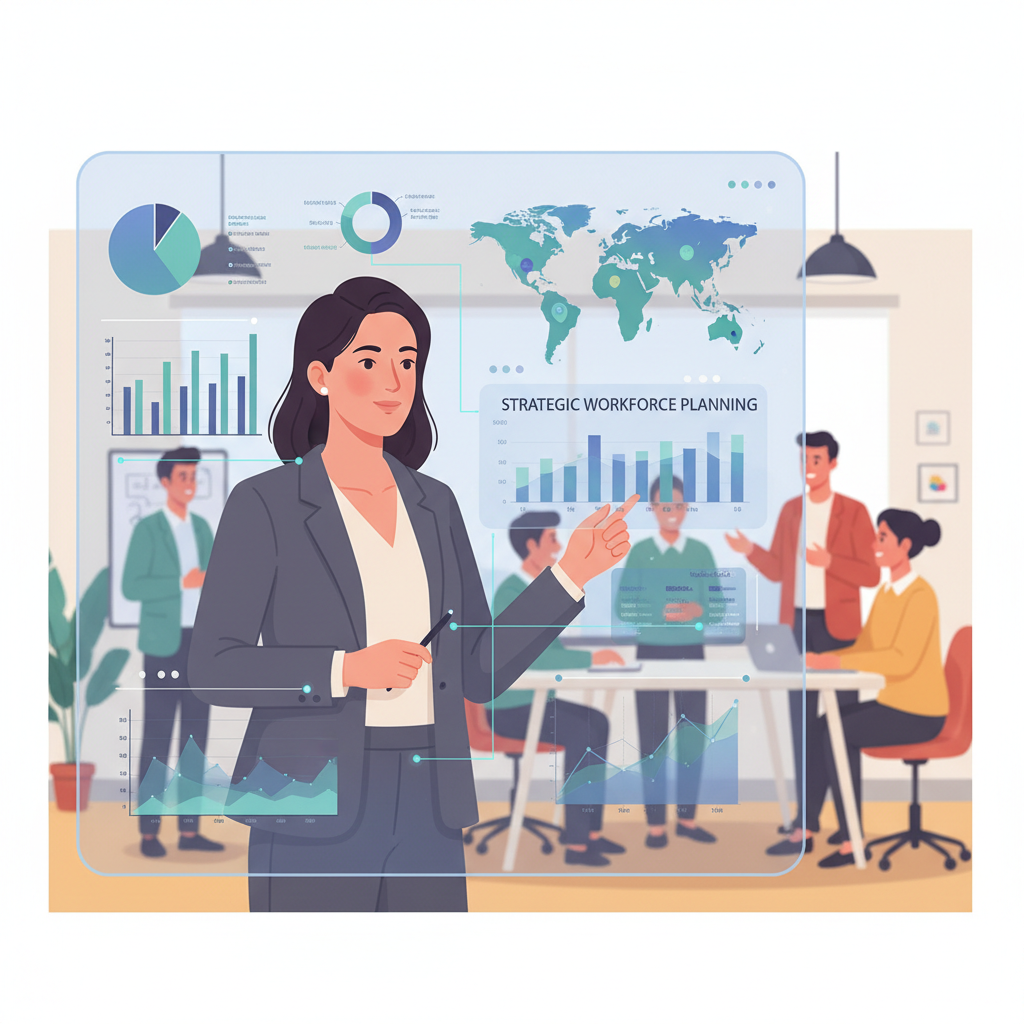 Uma profissional de RH analisa gráficos e dados em seu monitor, enquanto, ao fundo, colaboradores colaboram ativamente. Esta imagem ilustra o papel do RH estratégico e orientado a dados na construção de uma cultura de propósito.