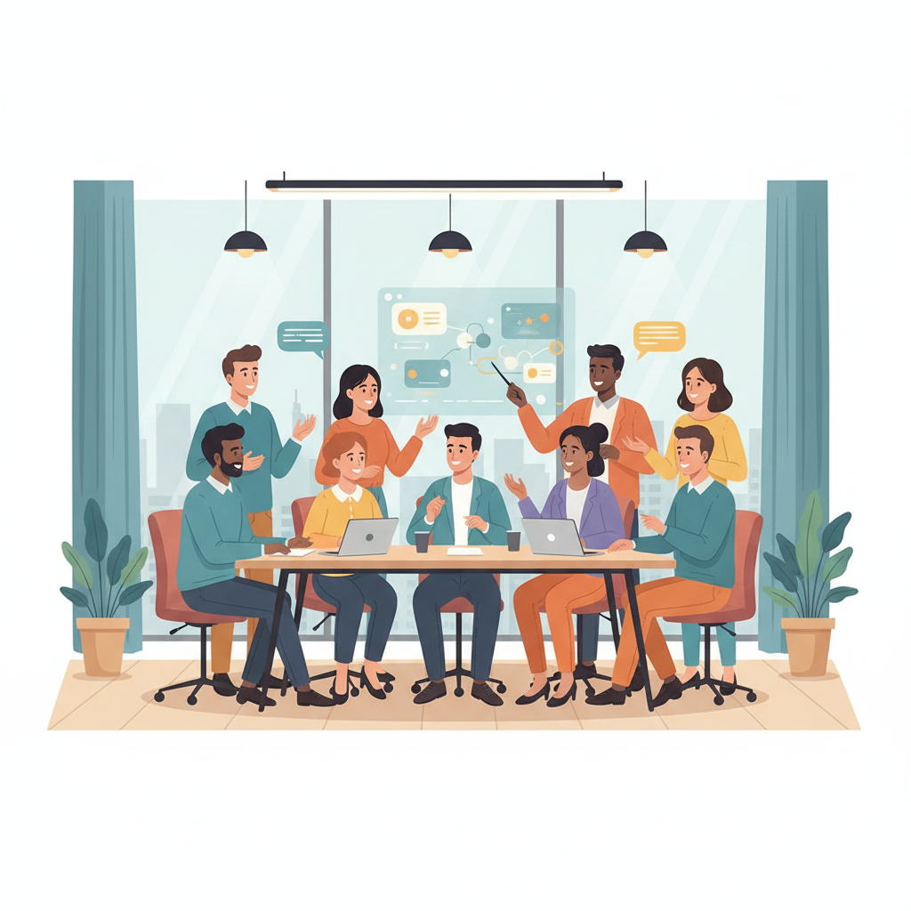 Um grupo de profissionais diversos engajados em uma reunião, promovendo a inclusão e a diferentes perspectivas.
