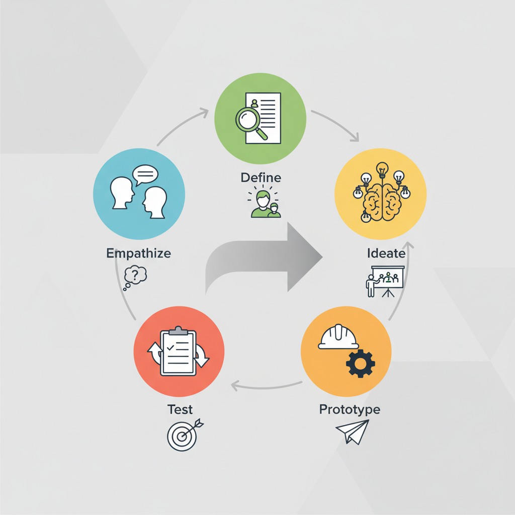 Fluxograma do Design Centrado no Ser Humano aplicado ao RH, destacando as etapas de empatia, definição, ideação, prototipagem e teste, com foco na melhoria contínua da experiência do colaborador.