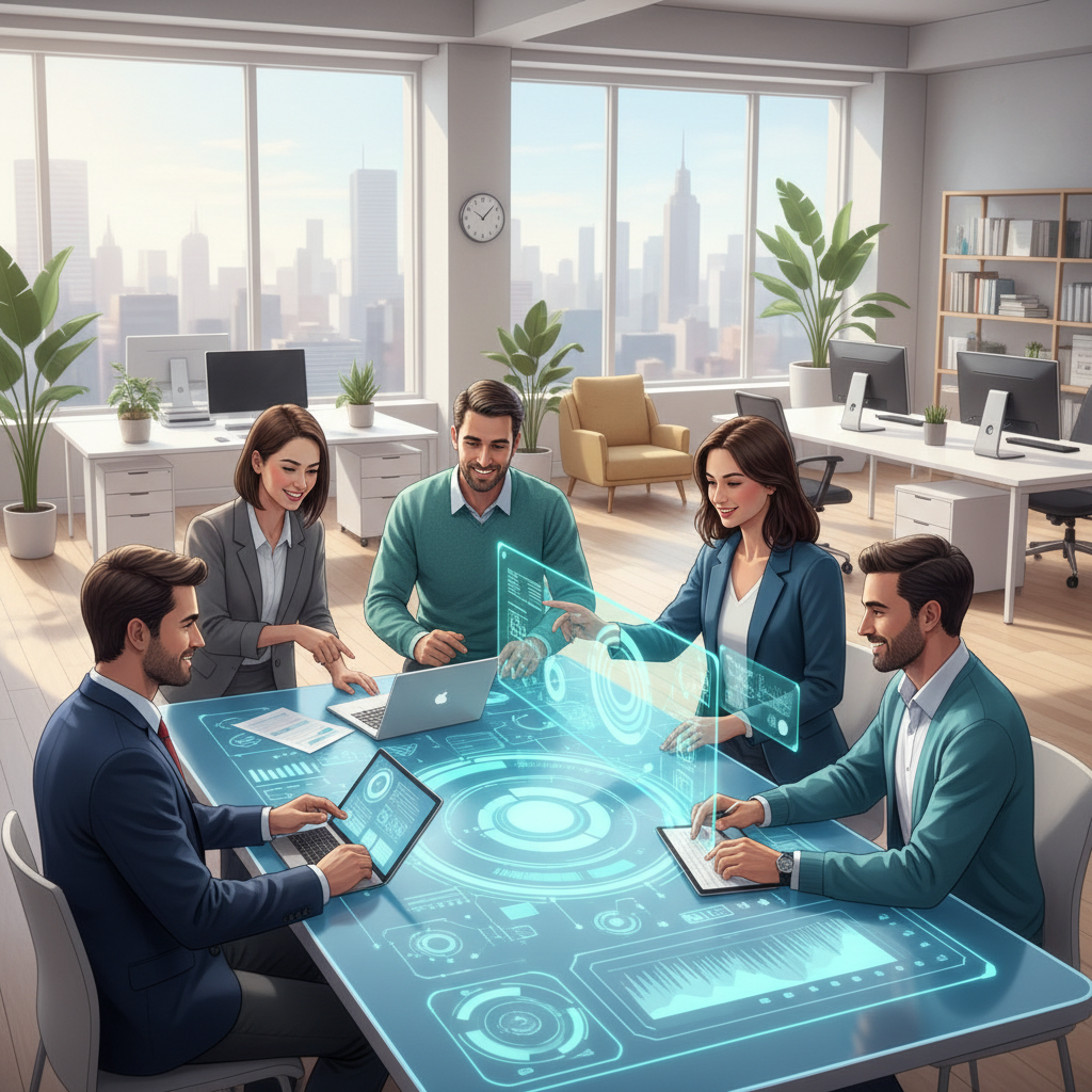 Uma equipe colaborativa em um ambiente de trabalho moderno, exemplificando como insights de dados podem aprimorar a cultura e o engajamento.