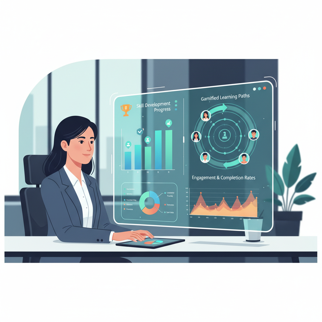 Um gestor de RH analisando dados e análises sobre o desenvolvimento de colaboradores e os resultados da aprendizagem gamificada, enfatizando o papel estratégico dos dados no RH.