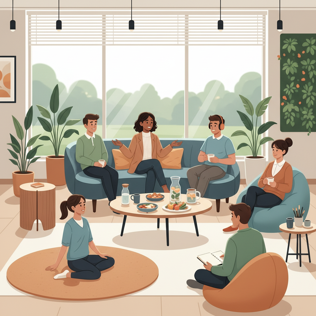 Um líder atencioso dialoga com sua equipe durante uma pausa, reforçando a importância do bem-estar e da comunicação em um ambiente coeso.