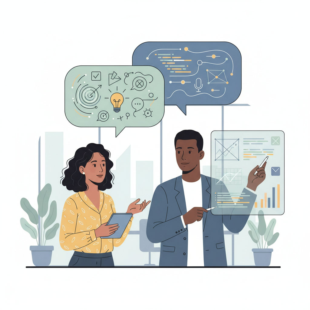 Dois colegas de trabalho de diferentes origens discutem sobre um projeto, com balões de fala representando diversas formas de pensamento e comunicação.