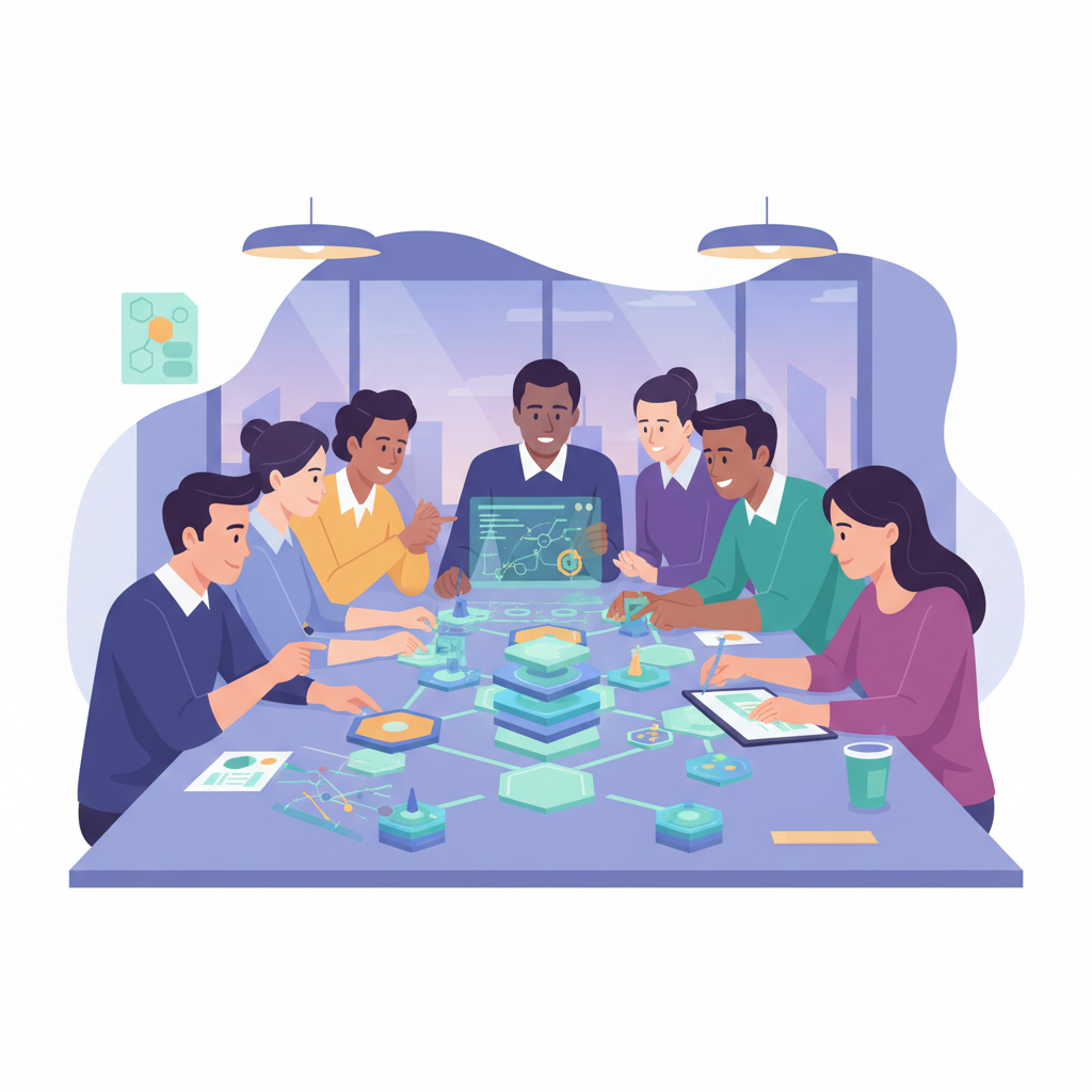 Grupo diverso de líderes trabalhando juntos em um desafio gamificado, simbolizando a resolução de problemas e o trabalho em equipe.