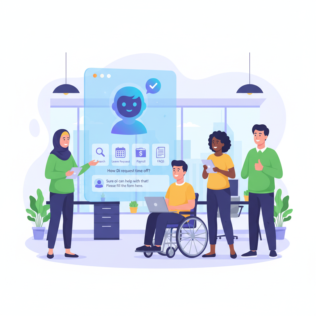 Colaboradores diversos interagem com um chatbot de IA amigável, que os auxilia em dúvidas de RH, simbolizando a facilidade de uso e a experiência positiva proporcionada pela inteligência artificial.