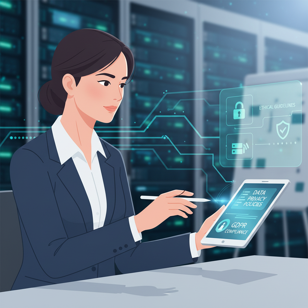 Um profissional de RH revisa políticas de privacidade de dados em um tablet, com servidores de dados seguros e diretrizes éticas ao fundo, destacando a importância da proteção de dados e conformidade.