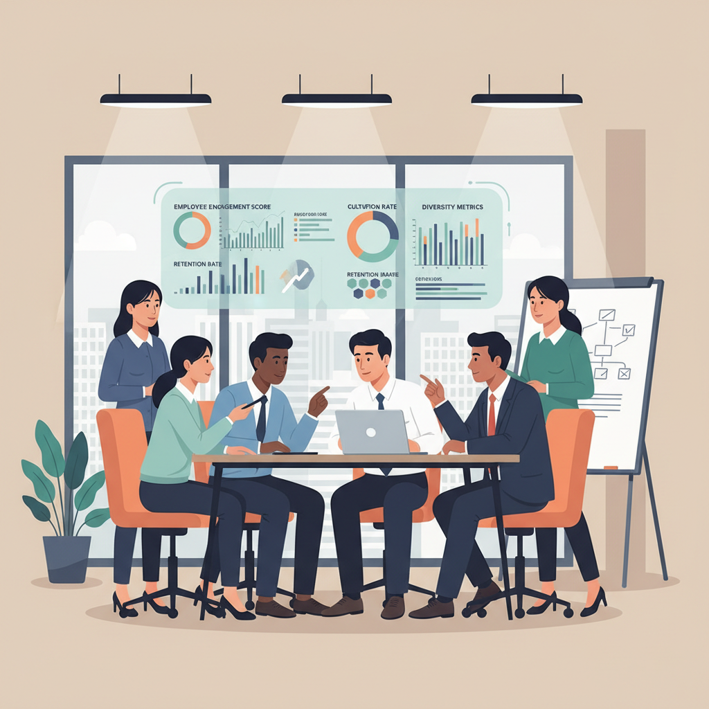 Profissionais de RH em reunião, discutindo estratégias para alinhar a cultura organizacional ao propósito da empresa, com gráficos e dados em um telão.