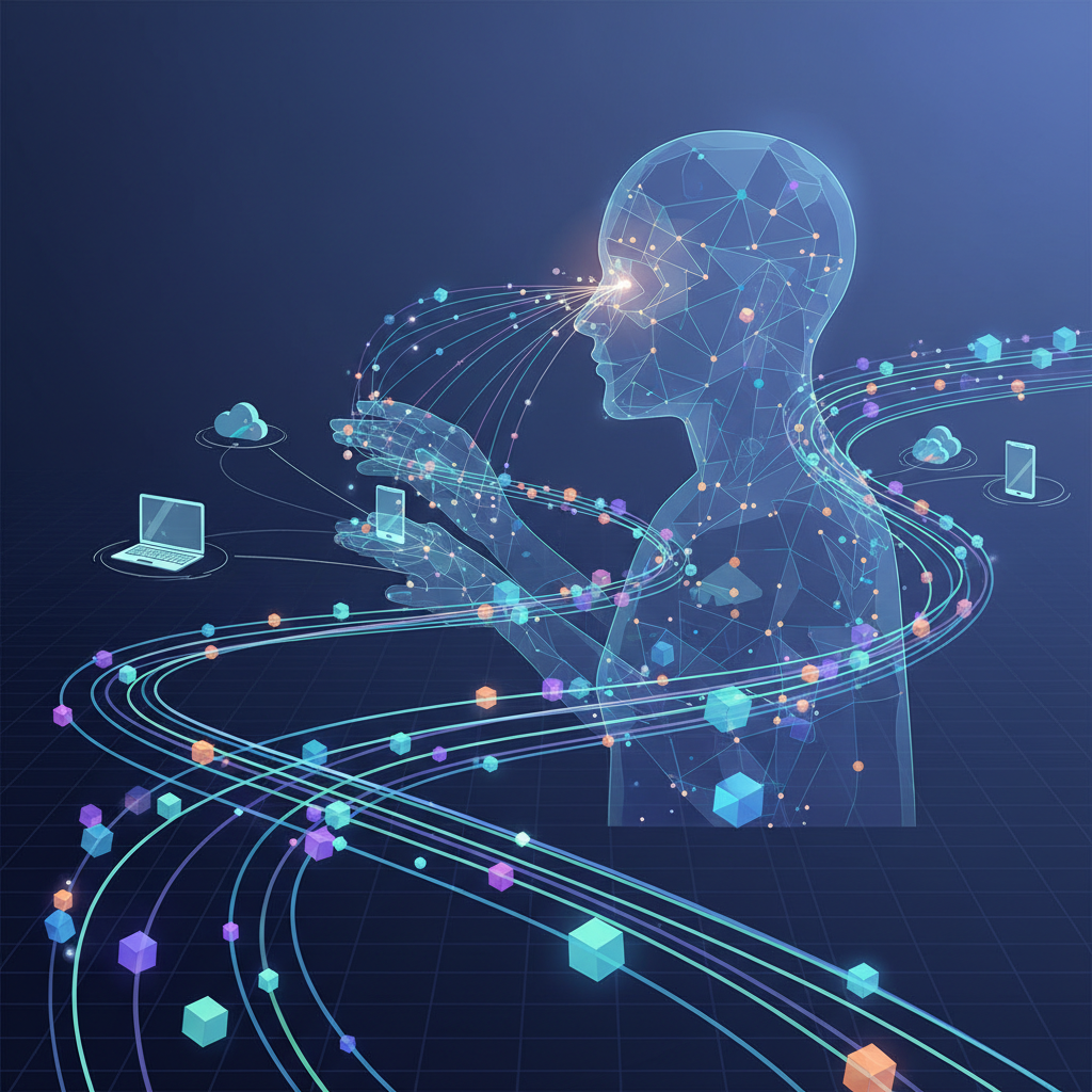 Fluxo de dados e interações humanas no ambiente digital, ilustrando os padrões da biometria comportamental para insights de RH.