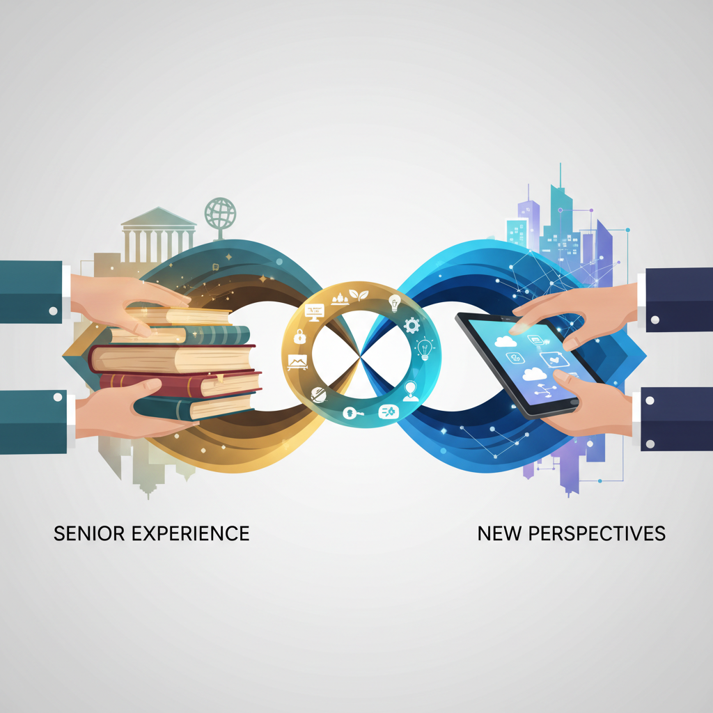 A co-mentoria inversa ilustra o fluxo bidirecional de conhecimento, onde a experiência sênior e as perspectivas jovens se encontram para impulsionar a inovação e o desenvolvimento mútuo.