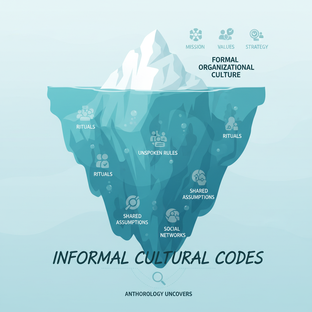 A metáfora do iceberg ilustra a cultura organizacional: a ponta visível são os valores formais, mas a maior parte submersa revela os códigos culturais informais que a antropologia desvenda.