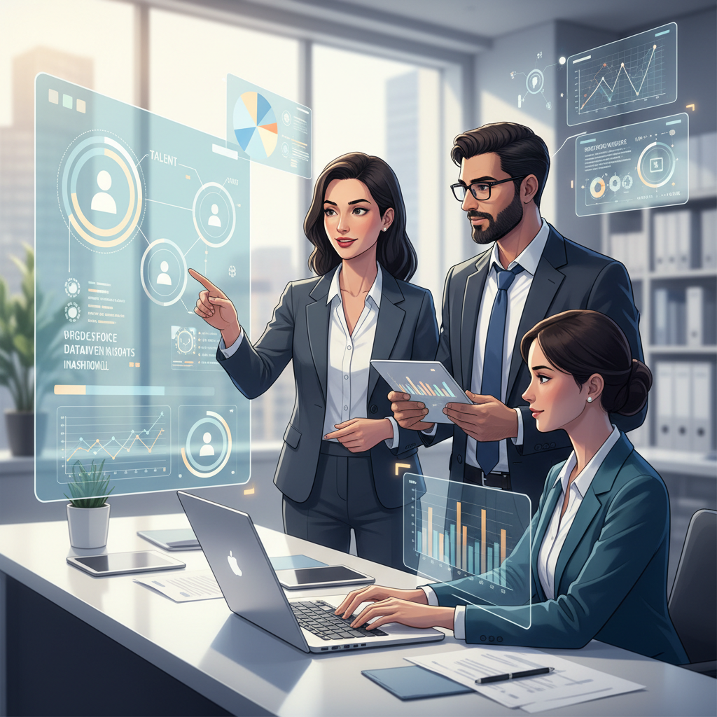 Profissionais de RH colaborando em um ambiente estratégico, com gráficos e dados ao fundo, simbolizando a transição para um RH focado em ecossistemas de talento.