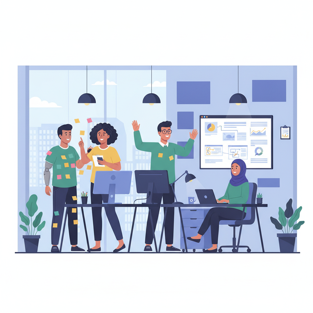 Um grupo diverso de colaboradores trabalhando em um escritório moderno, interagindo de forma produtiva, utilizando ferramentas colaborativas e demonstrando engajamento e integração.