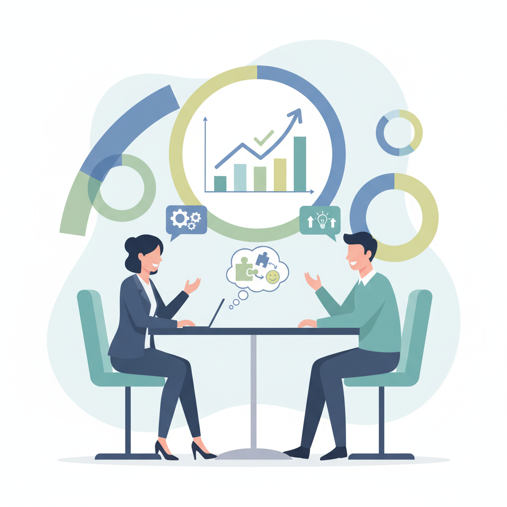 Líder e colaborador em conversa focada em desenvolvimento, com balões de fala e gráficos de progresso ao fundo, simbolizando a importância do feedback proativo.