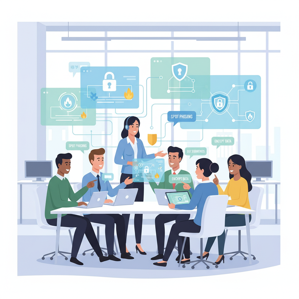 Colaboradores de diferentes setores participando de um treinamento interativo sobre cibersegurança. O RH, alinhado à estratégia de T&D, utiliza recursos visuais e exemplos práticos para ensinar boas práticas de segurança digital.