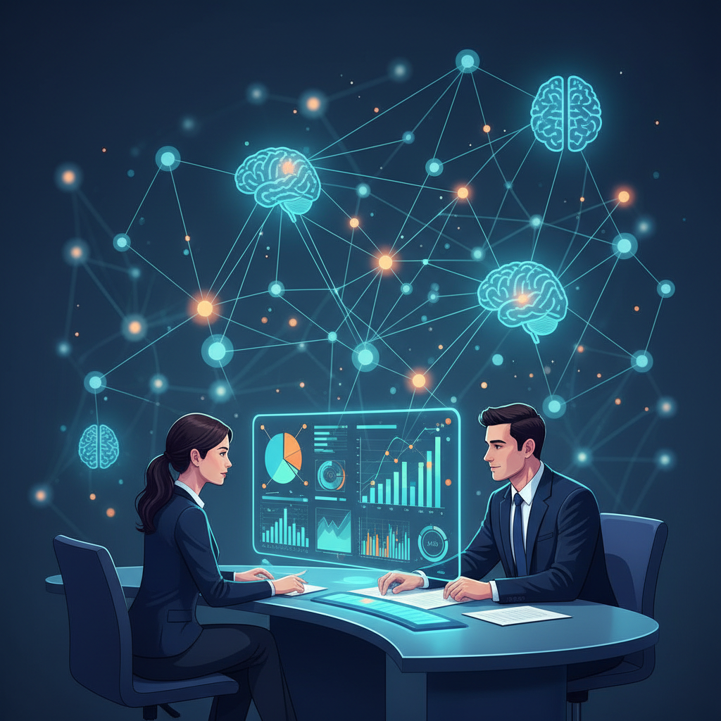 Profissionais de RH e gestão analisando dados e gráficos em uma tela, com elementos de redes neurais e cérebros em segundo plano, simbolizando a aplicação da neurociência no RH estratégico.