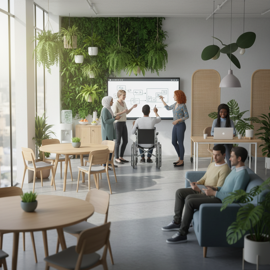 Um ambiente de trabalho dinâmico e colaborativo, onde o design intencional impulsiona o engajamento e a produtividade, integrando bem-estar e desempenho.