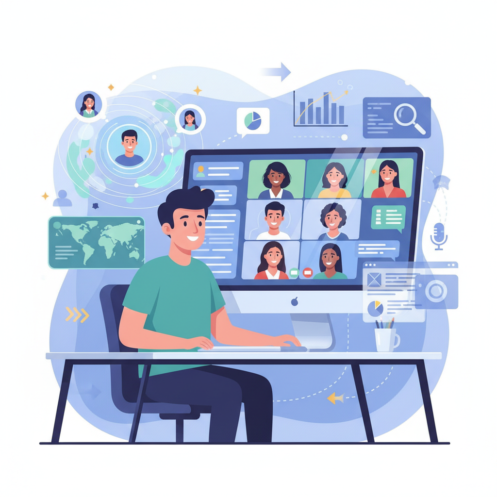 Um profissional de RH analisando a comunicação em plataformas digitais para entender a dinâmica das equipes remotas.