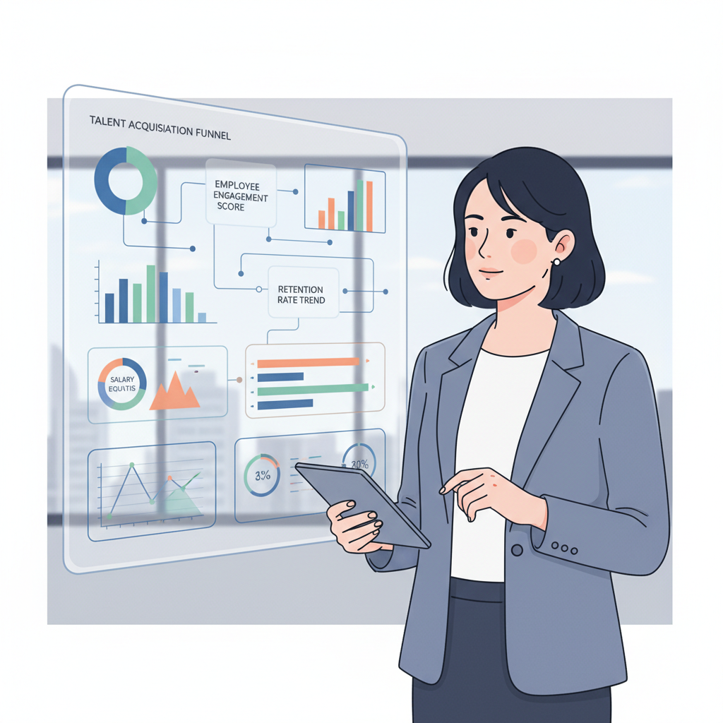 Uma executiva de RH moderna analisa um painel de controle com análises de dados, ilustrando o uso estratégico de dados para decisões de RH.