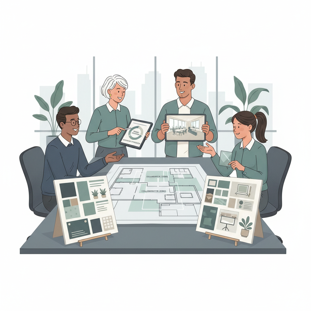 Um RH estratégico apresentando o plano de cenografia organizacional, conectando o design do ambiente aos objetivos de produtividade e bem-estar da equipe.