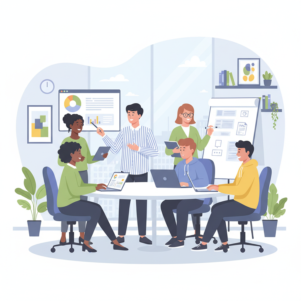 Uma equipe diversa e engajada exemplifica a colaboração eficaz, trocando ideias e construindo soluções em um ambiente de trabalho moderno.