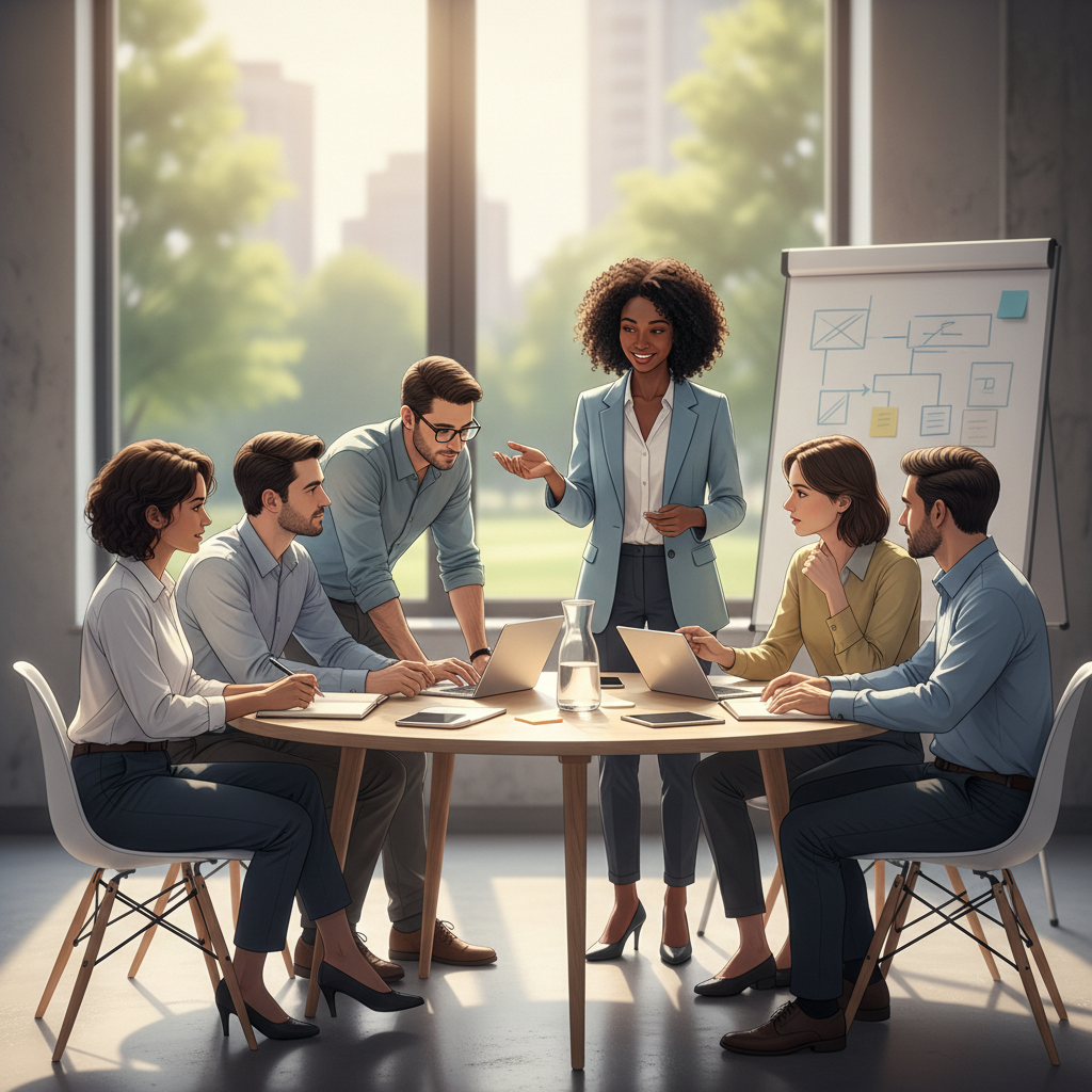 Equipe diversa colaborando em um ambiente de trabalho moderno, com foco e engajamento visíveis, gerenciando as distrações digitais.