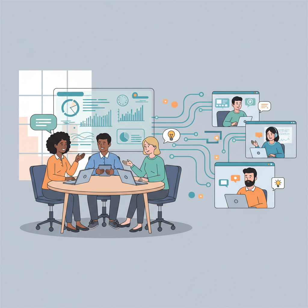 Colaboradores engajados em um ambiente de trabalho híbrido, demonstrando a fluidez da comunicação e colaboração mediada pela tecnologia.