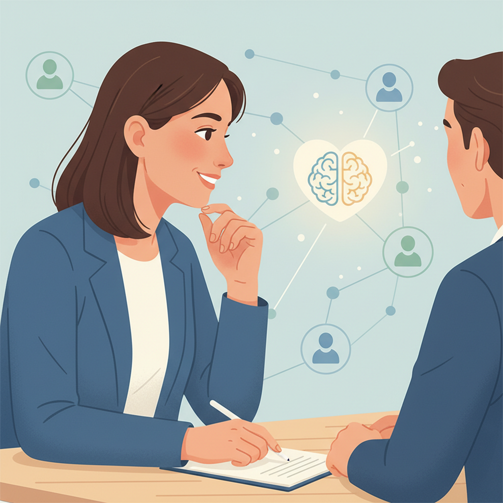 Um profissional de RH avaliando nuances em uma entrevista. A intuição permite identificar sinais não-verbais e percepções valiosas que complementam o processo seletivo.