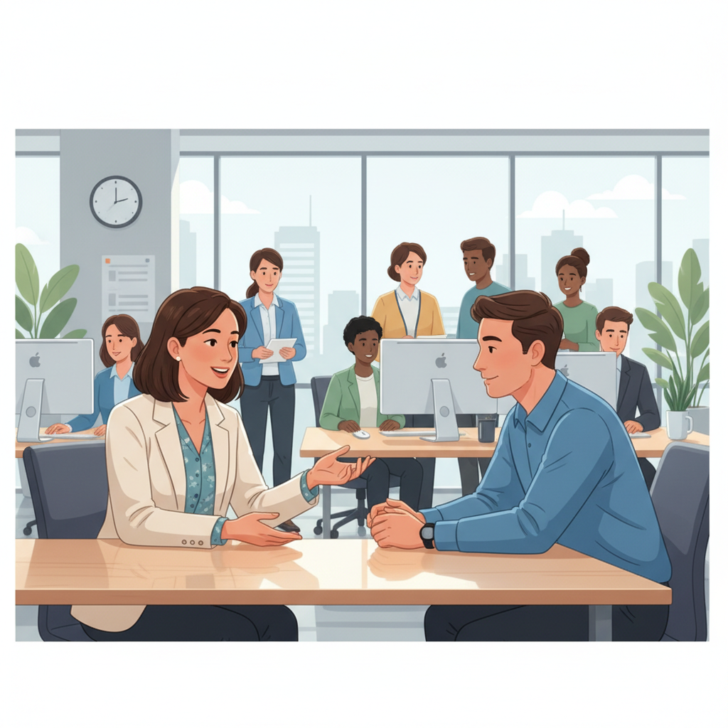 Profissionais trocando feedback construtivo em um ambiente de escritório moderno, exemplificando a importância de uma comunicação aberta para a construção da confiança.