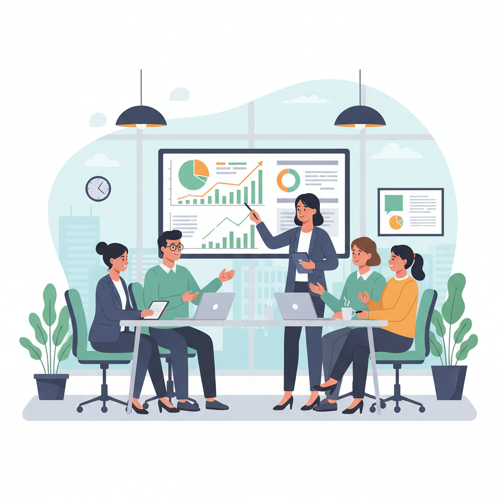 Líderes e profissionais de RH colaboram, analisando dados e discutindo estratégias para fortalecer o clima organizacional e aprimorar a gestão de pessoas.