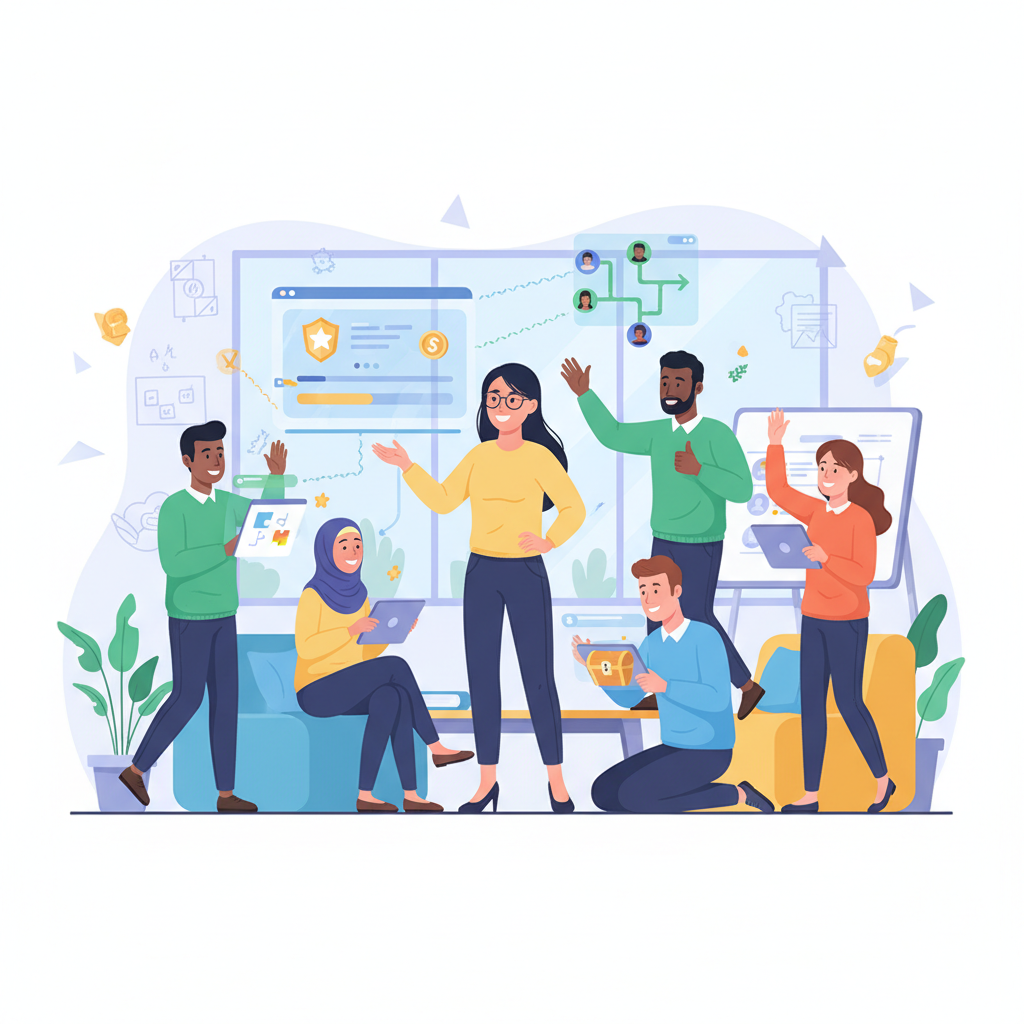 Grupo diversificado de colaboradores engajados em uma sessão de treinamento gamificada, demonstrando entusiasmo e colaboração em um ambiente de aprendizado inovador.