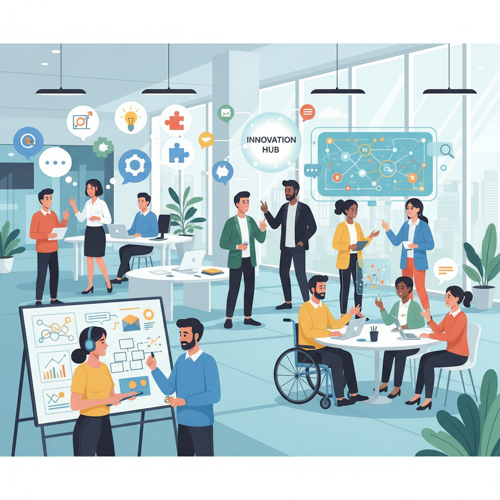 Profissionais neurodiversos colaborando em um ambiente de trabalho inovador e inclusivo, com diversas perspectivas sendo valorizadas.
