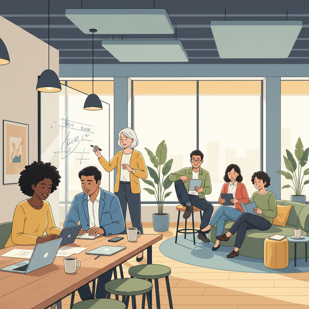 Colaboradores engajados em um ambiente de trabalho que valoriza a flexibilidade e os ritmos individuais, impulsionando a produtividade de forma eficiente.