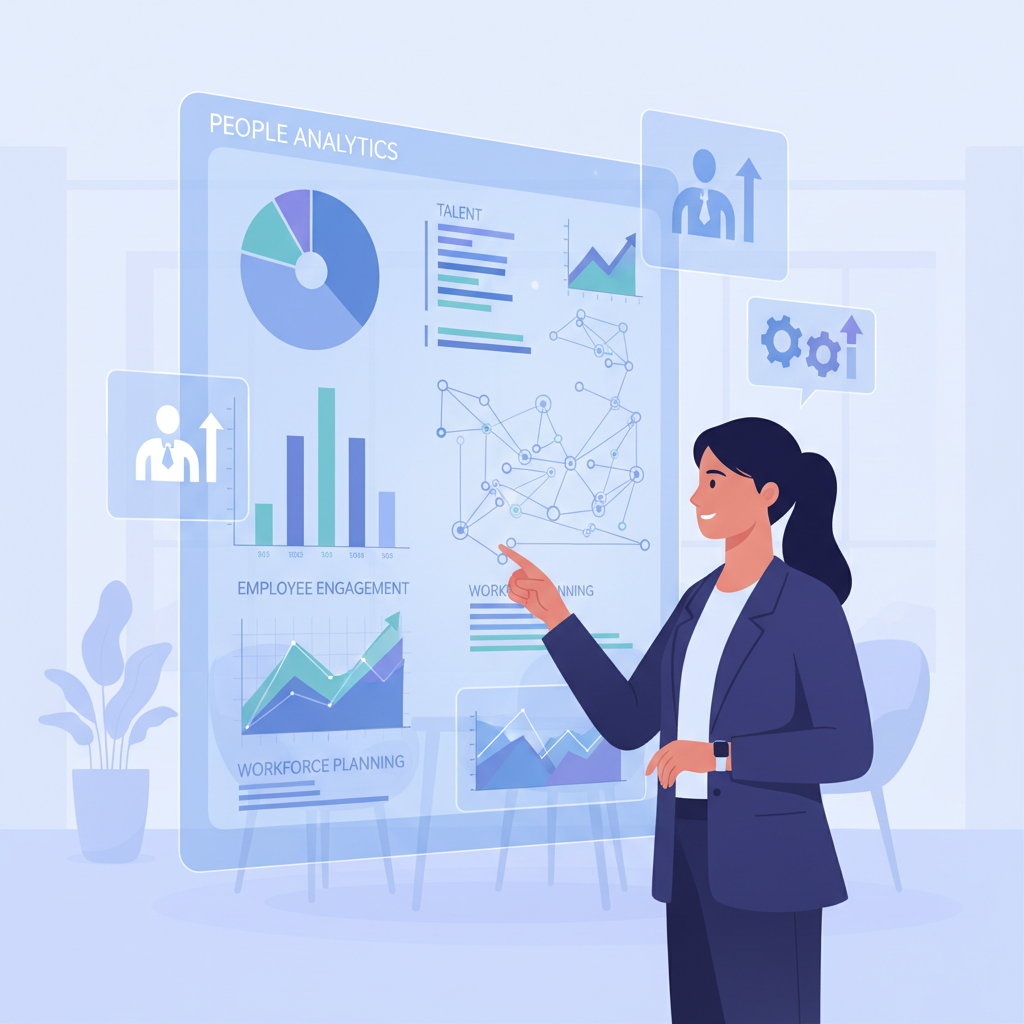 Profissional de RH analisando dados em uma tela grande, ilustrando a tomada de decisões estratégicas baseadas em People Analytics.
