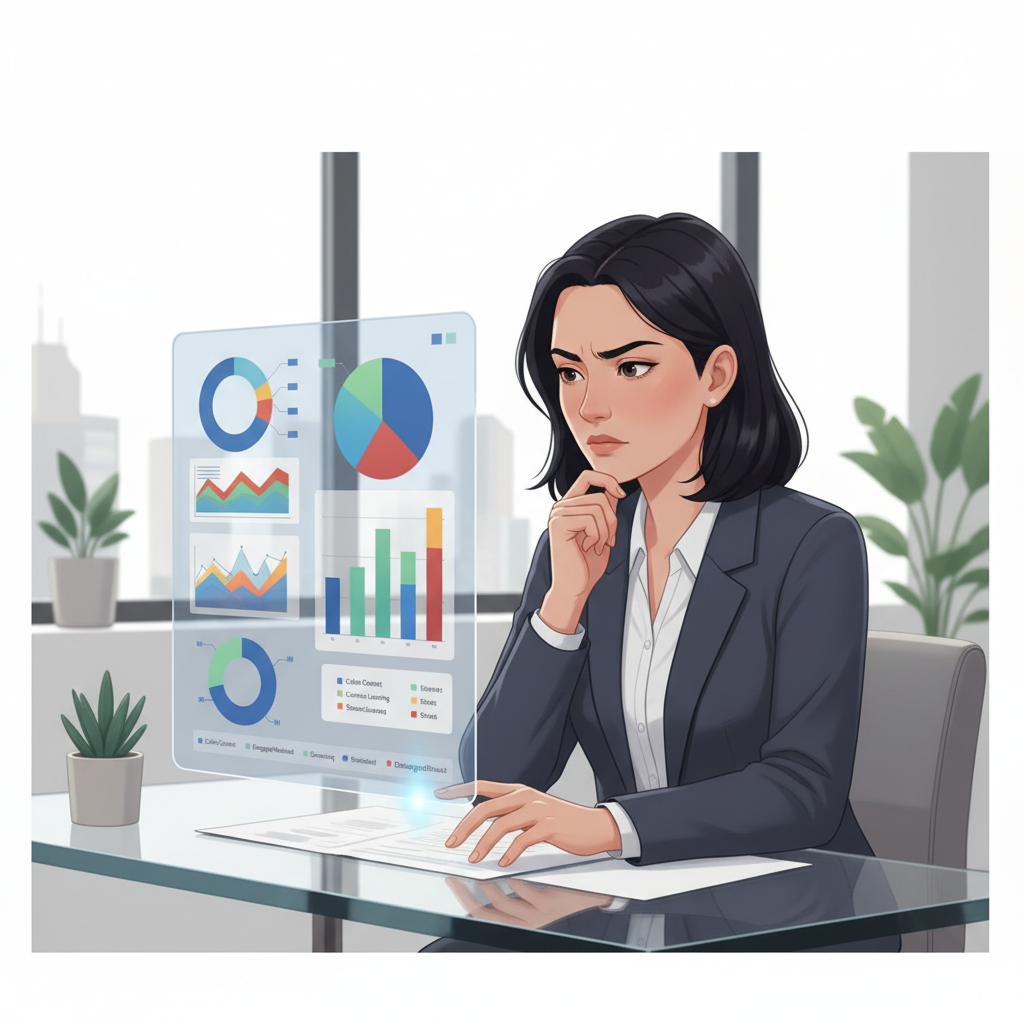 Profissional de RH utilizando ferramentas analíticas para visualizar o espectro cromodinâmico da organização, identificando áreas de força e oportunidades de aprimoramento na cultura organizacional.