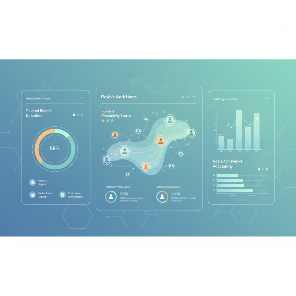 Gráficos e dashboards digitais exibindo dados de performance de RH, com destaque para a visualização de métricas personalizadas.