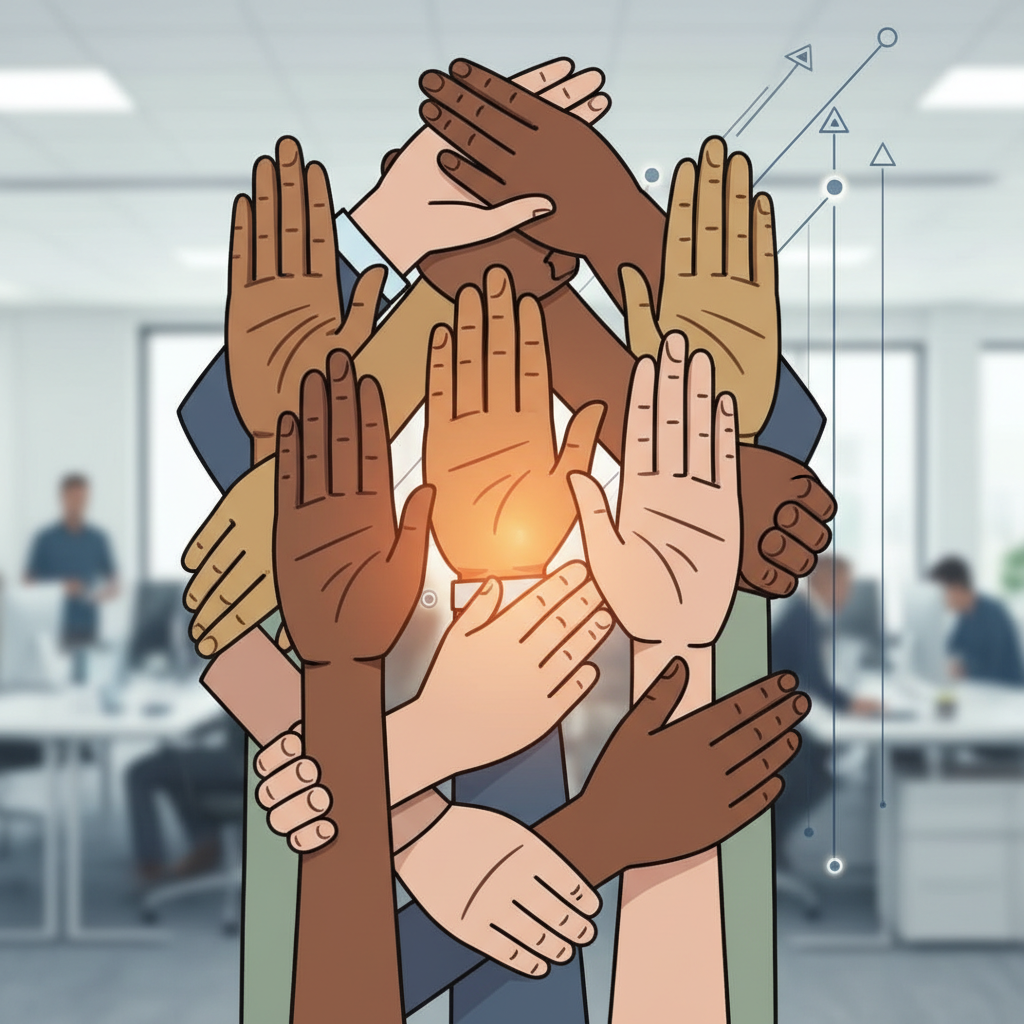 Mãos de diferentes pessoas se entrelaçando, formando uma estrutura de apoio, com o fundo de um ambiente de negócios dinâmico. A imagem simboliza força coletiva, união e resiliência diante de desafios, transmitindo um sentimento de colaboração e empoderamento.