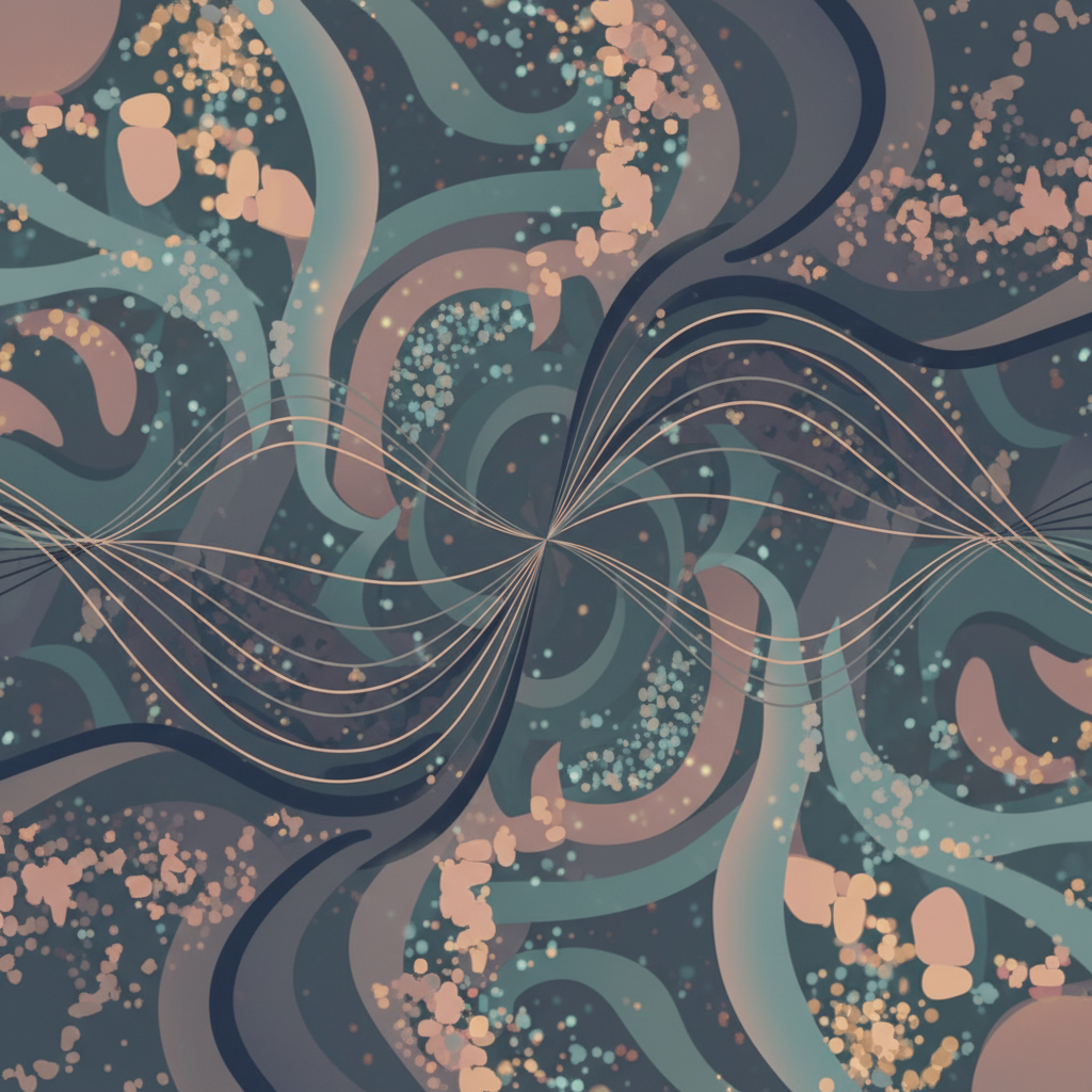 Representação abstrata da sonificação de dados, com ondas sonoras emanando de um ponto central, cercadas por pontos de dados sutis e brilhantes. As cores transmitem um senso de análise profunda e inovação.